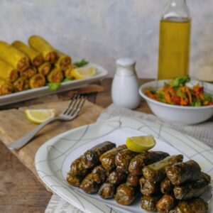 Appetizing grape leaf dolma served with fresh salad and lemon slices.