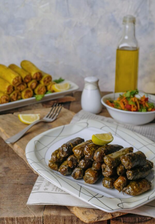 Appetizing grape leaf dolma served with fresh salad and lemon slices.