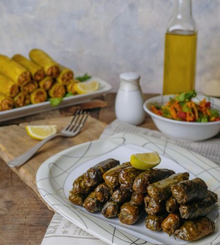 Appetizing grape leaf dolma served with fresh salad and lemon slices.